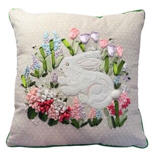 Easter‎ Bunny Floral Ribbon Embroidery Accent Pillow Spring Easter Cottagecore